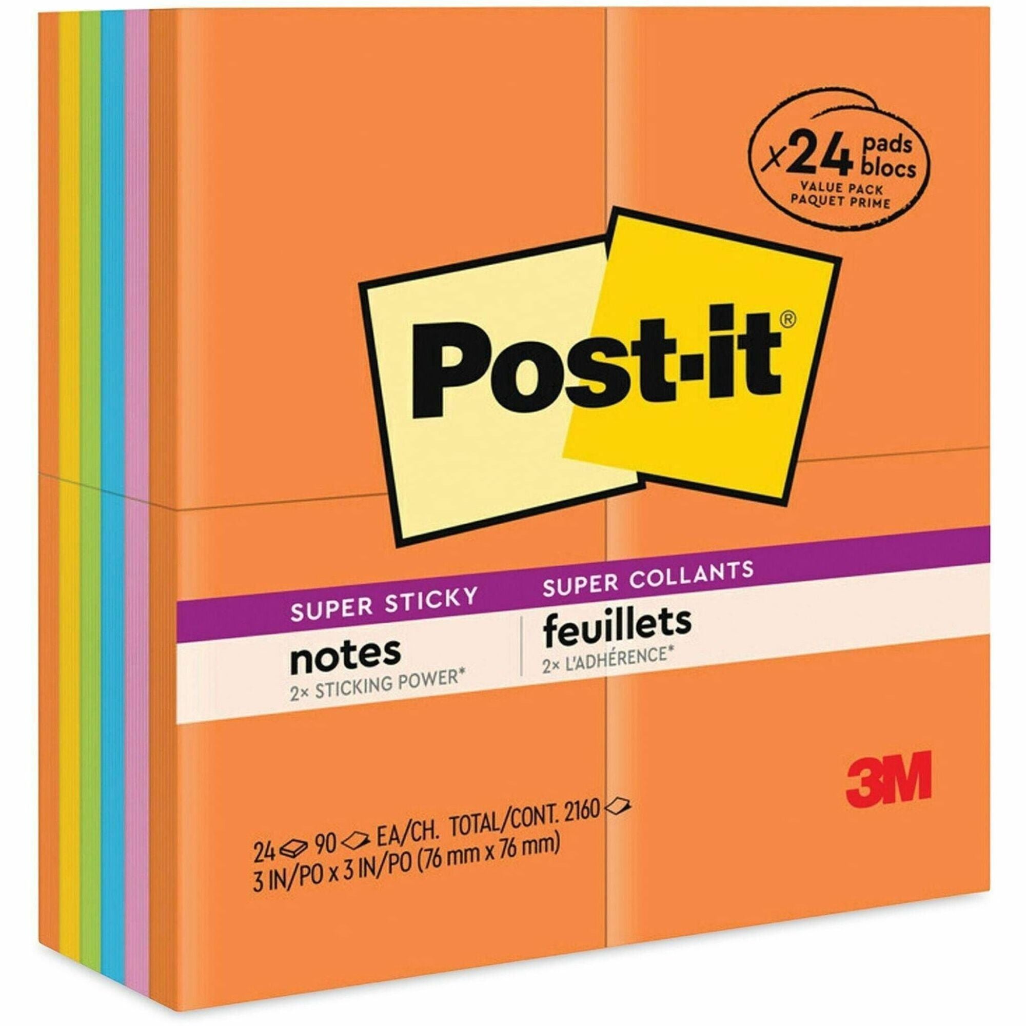 Post-it Super Sticky Notes, Energy Boost Color Collection, 1680 Multicolor Notes, 3" x 3", Square, 70 Sheets per Pad, 1 Pack, Vital Orange, Tropical Pink, Sunnyside, Blue Paradise, Limeade, Self-adhesive, Recyclable