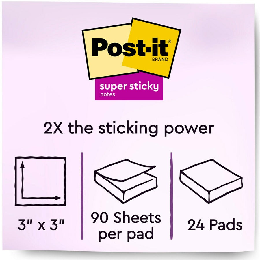 Post-it Super Sticky Notes, Supernova Neons Color Collection, 3" x 3", 90 Sheets per Pad, 24 Pads, Multicolor (Aqua Splash, Tropical Pink, Acid Lime, Canary Yellow)