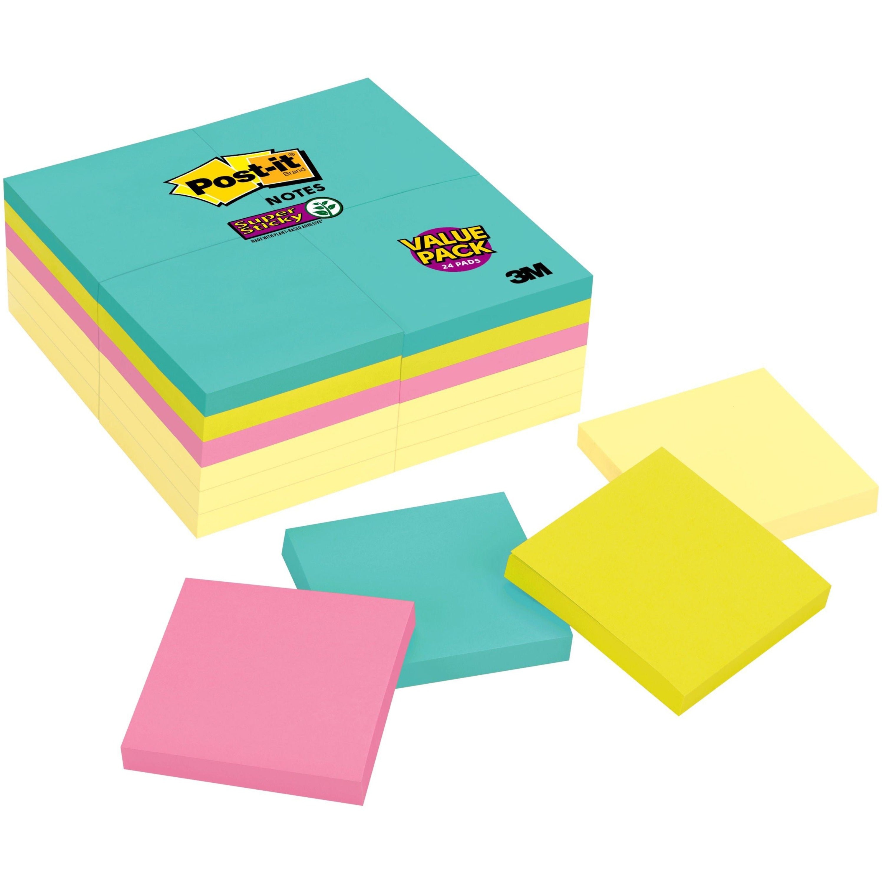 Post-it Super Sticky Notes, Supernova Neons Color Collection, 3" x 3", 90 Sheets per Pad, 24 Pads, Multicolor (Aqua Splash, Tropical Pink, Acid Lime, Canary Yellow)