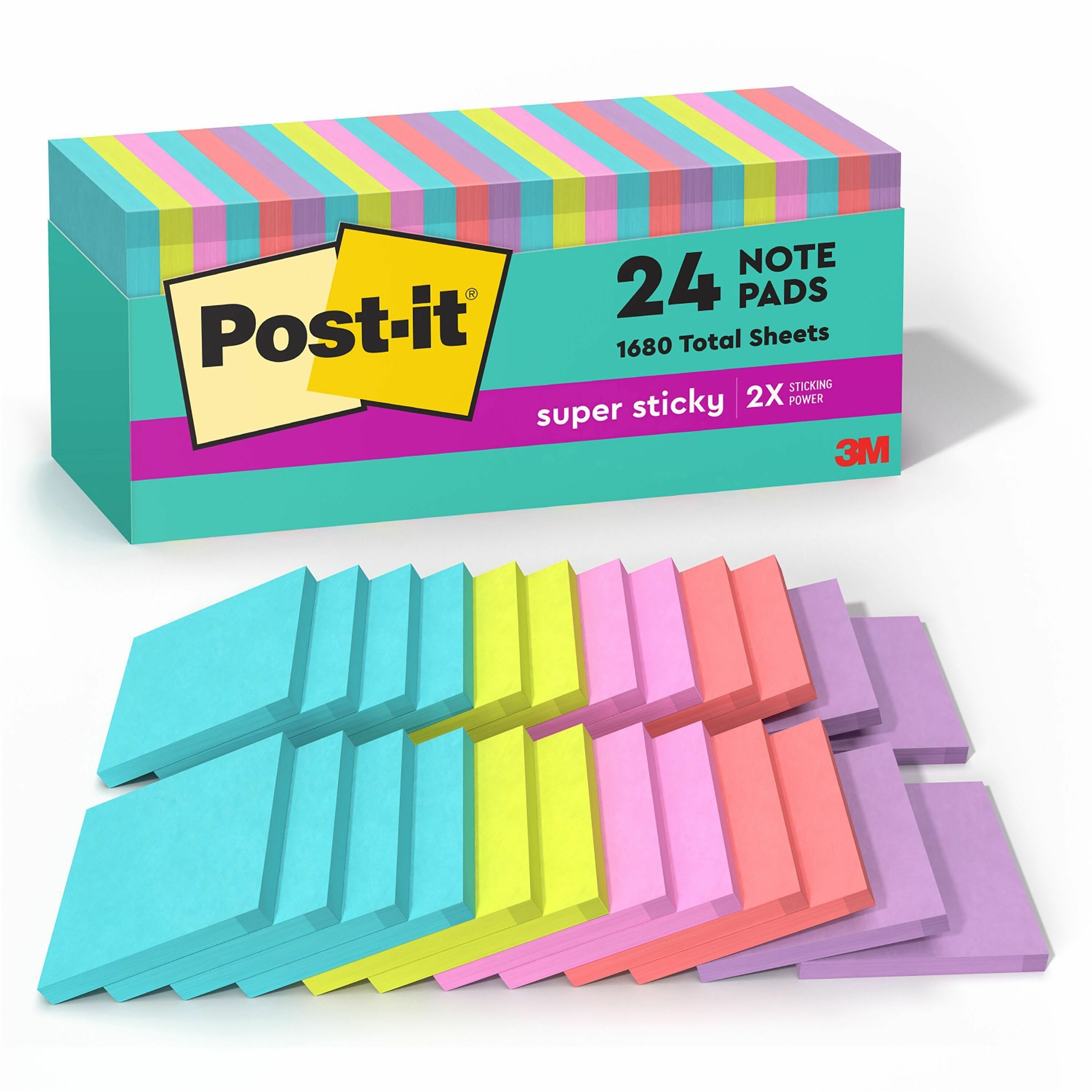 Post-it Super Sticky Notes, Supernova Neons Color Collection, 3" x 3", 70 Sheets per Pad, 24 Pads, Multicolor (Aqua Splash, Tropical Pink, Acid Lime, Guava, Iris Infusion)