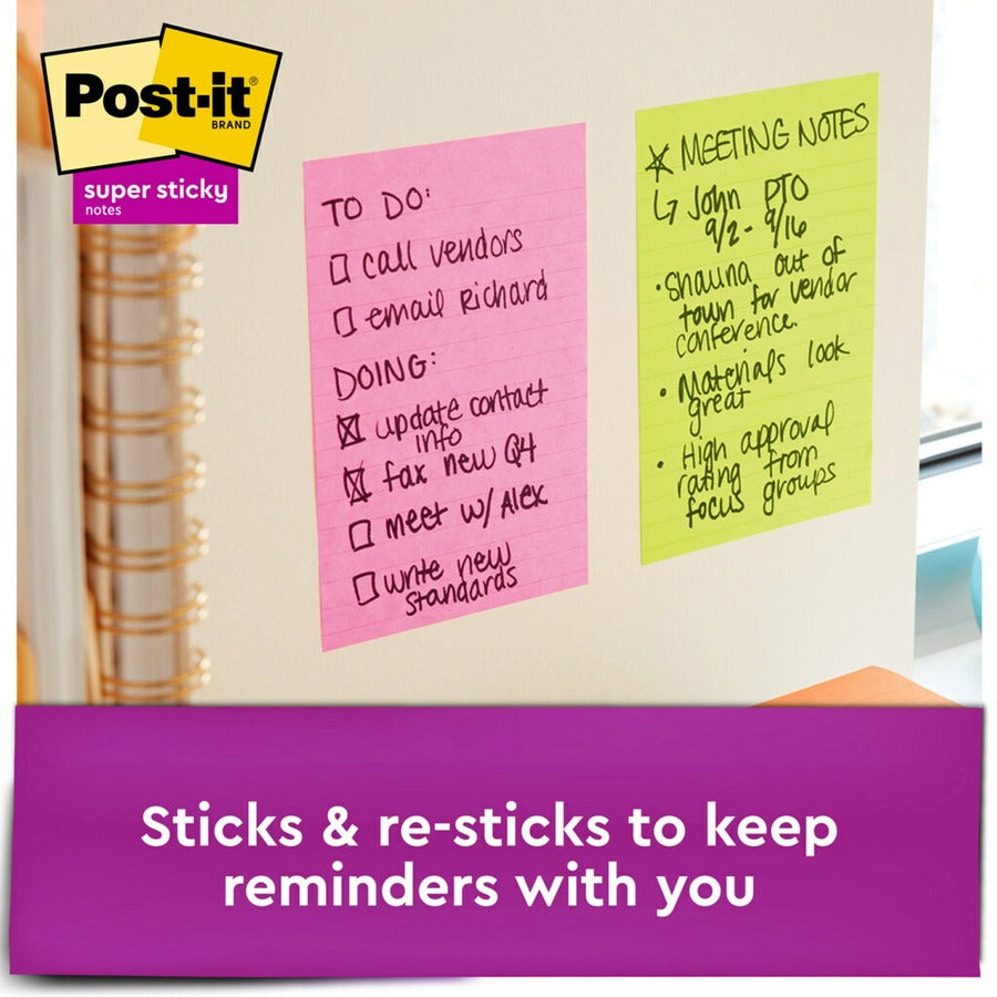 Post-it Super Sticky Notes, Supernova Neons Color Collection, 4" x 6", Ruled, Aqua Splash/Acid Lime/Guava, 90 Sheets per Pad, 3 Pads, 270 Multicolor Notes per Pack
