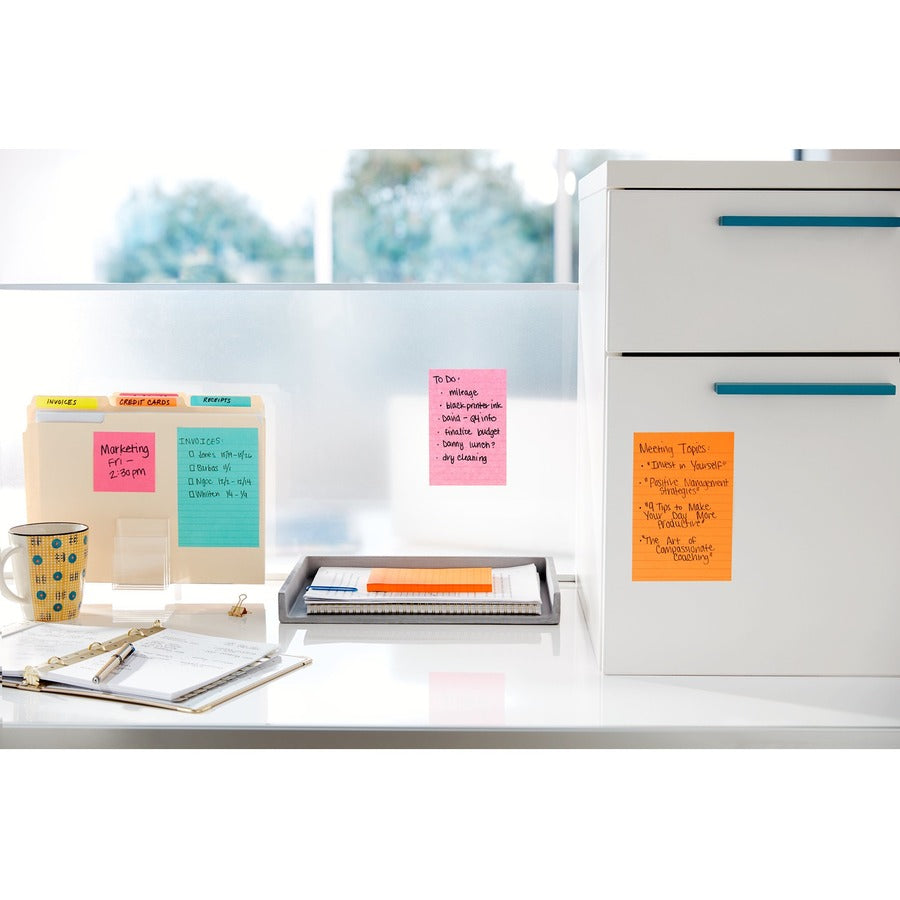 Post-it Super Sticky Notes, Supernova Neons Color Collection, 4" x 6", Ruled, Aqua Splash/Acid Lime/Guava, 90 Sheets per Pad, 3 Pads, 270 Multicolor Notes per Pack