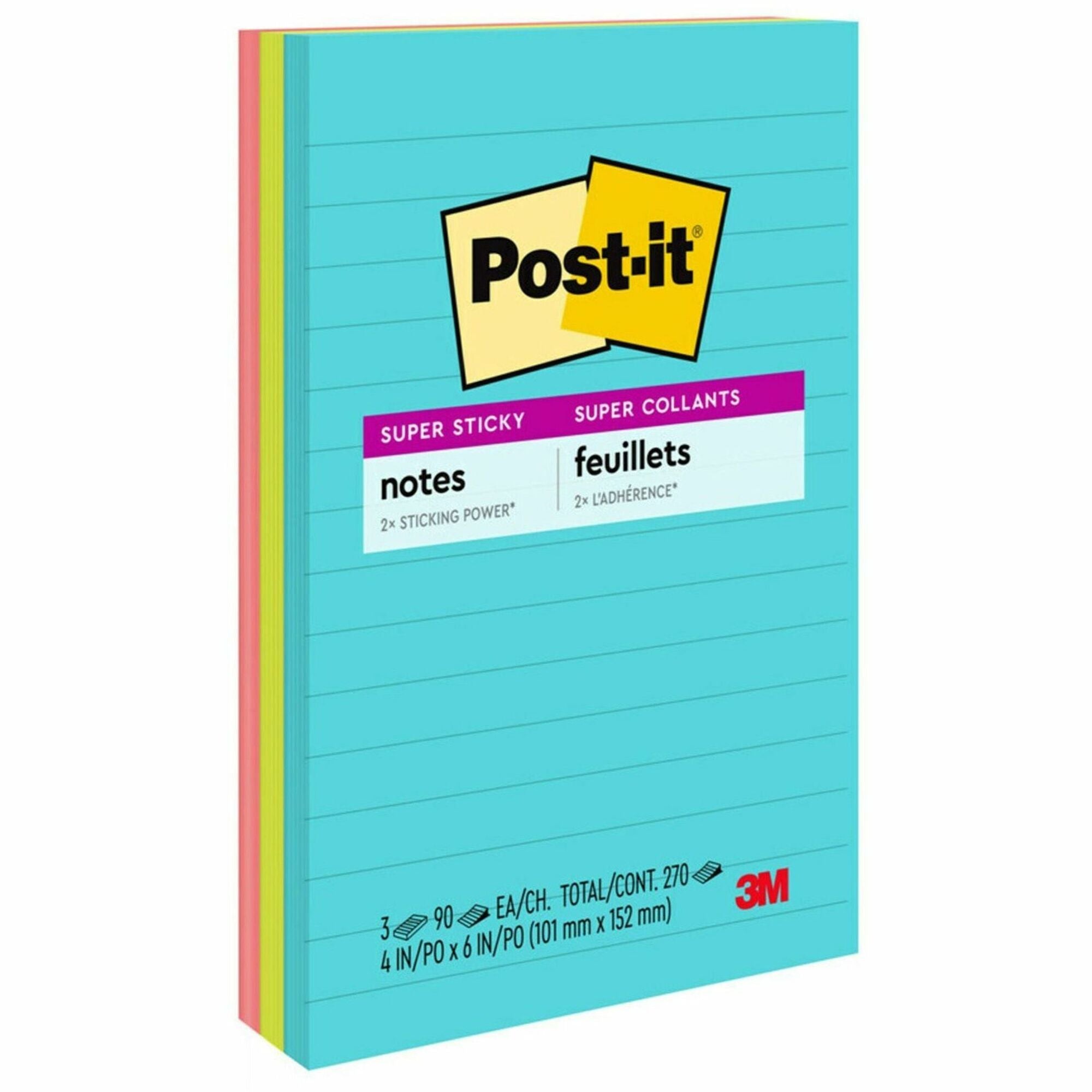 Post-it Super Sticky Notes, Supernova Neons Color Collection, 4" x 6", Ruled, Aqua Splash/Acid Lime/Guava, 90 Sheets per Pad, 3 Pads, 270 Multicolor Notes per Pack