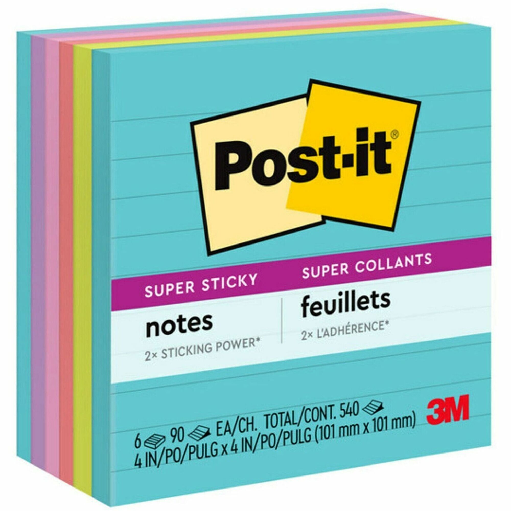 540 x Multicolor - 4" Flag/Note Width x 4" Flag/Note Length - Rectangle - 90 Sheets per Pad - Ruled - Aqua Splash, Acid Lime, Guava, Tropical Pink, Iris Infusion - Paper - Self-adhesive, Removable, Recyclable - 1 Pack