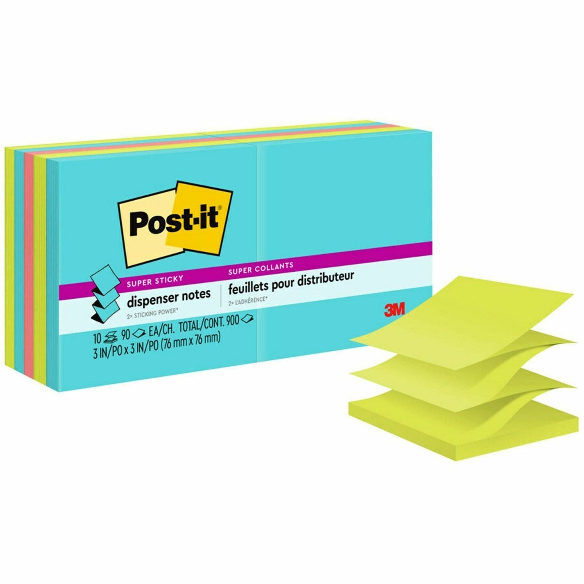 Post-it Super Sticky Dispenser Notes, Supernova Neons, 900 Multicolor Notes, 3" x 3", 90 Sheets per Pad, Aqua Splash/Acid Lime/Guava, 1 Pack