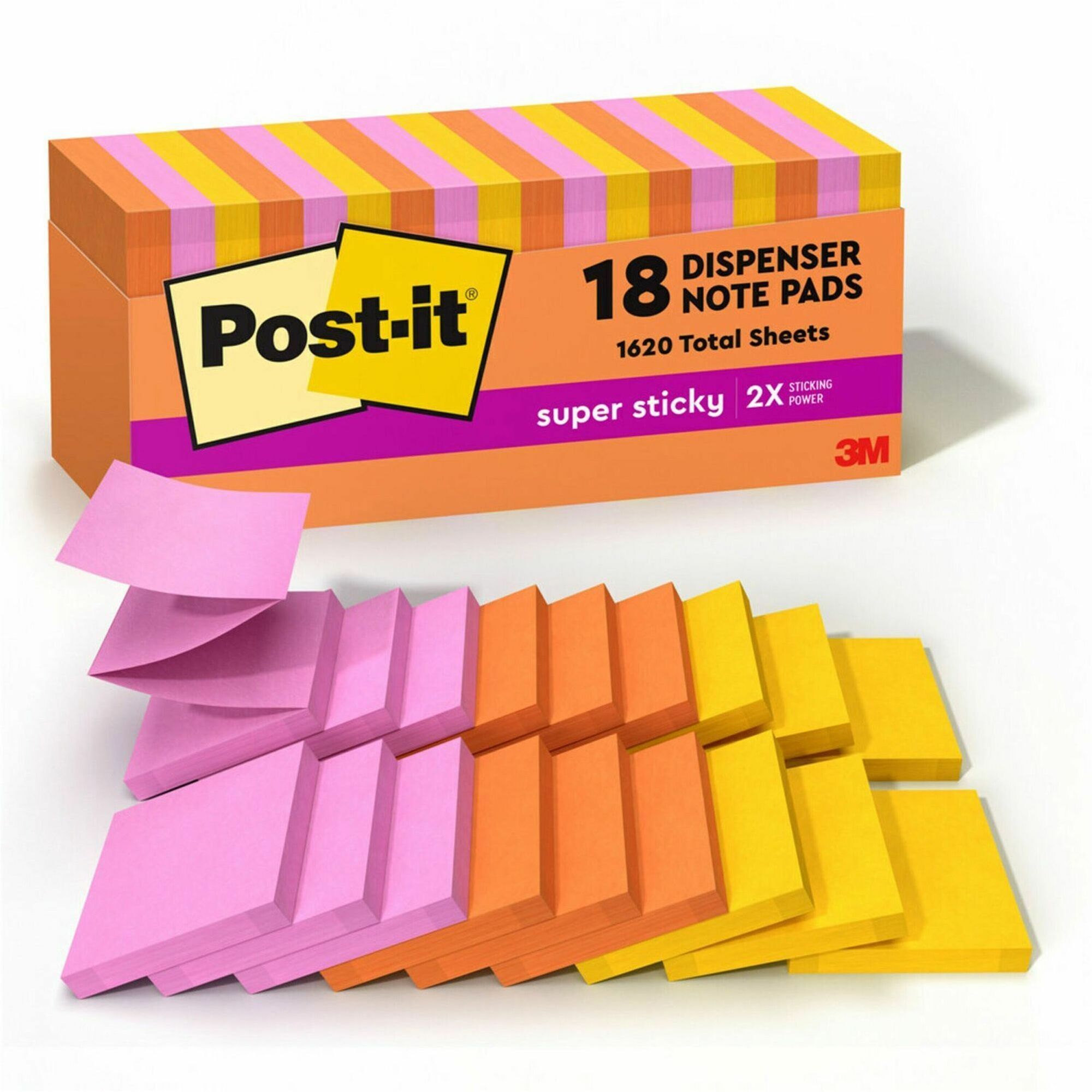 Post-it Super Sticky Dispenser Notes, Energy Boost Color Collection, 3" x 3", Vital Orange, Tropical Pink, Sunnyside, 1 Pack