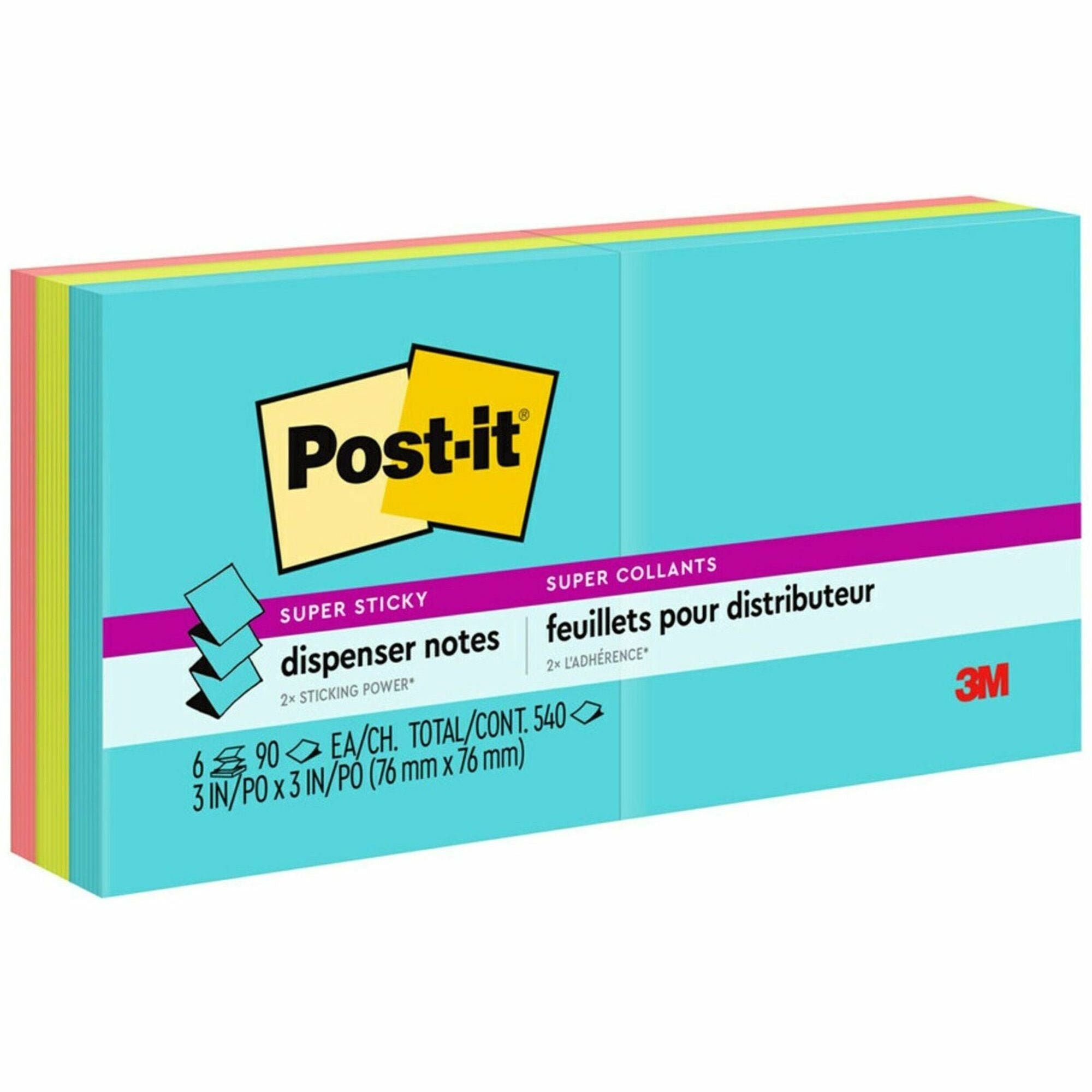 Post-it Super Sticky Dispenser Notes, Supernova Neons Color Collection, 3" x 3", 540 Multicolor Notes (Aqua Splash, Acid Lime, Guava), 90 Sheets per Pad, 1 Pack