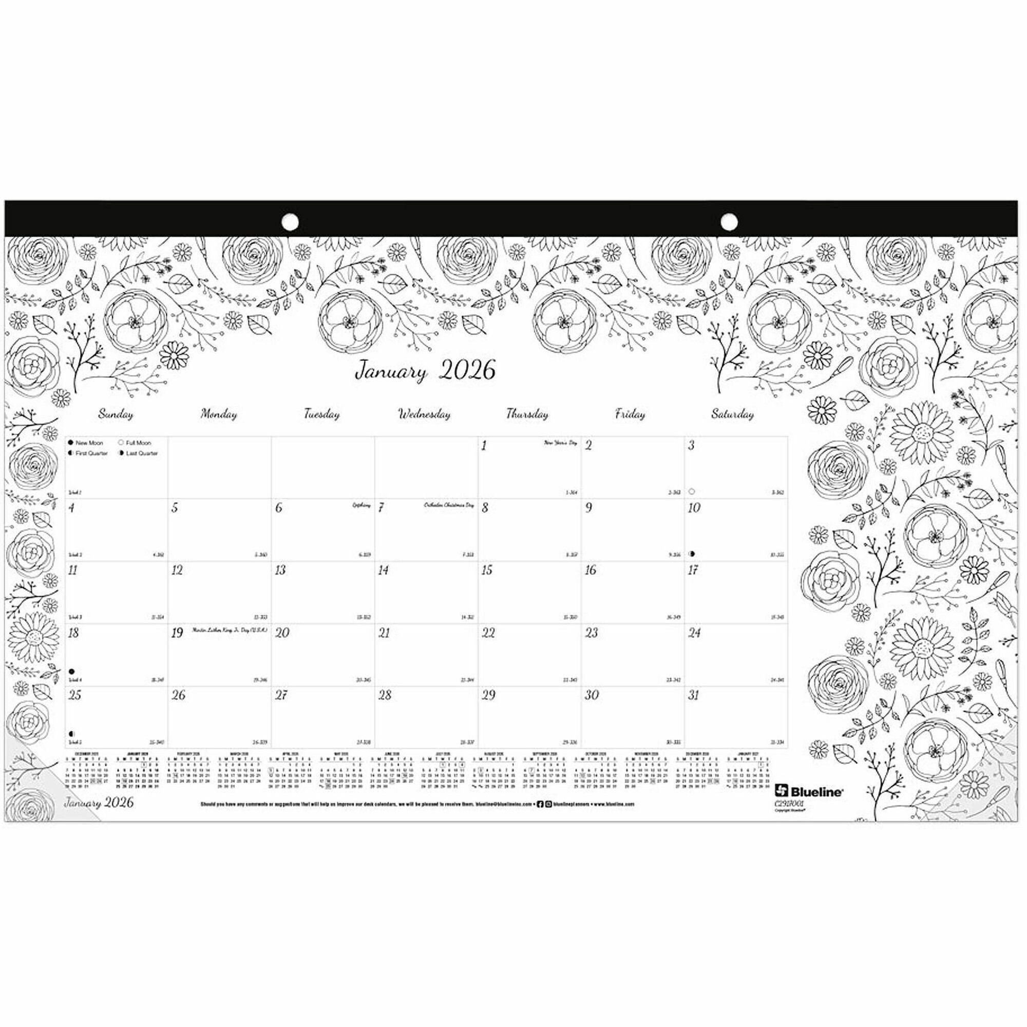 Monthly - January 2026 to December 2026 - 1 Month Single Page Layout - Desk Pad - White - Chipboard - 10.9" Height x 17.8" Width - Tear-off, Notes Area, Eco-friendly, Eyelet - 1 Each