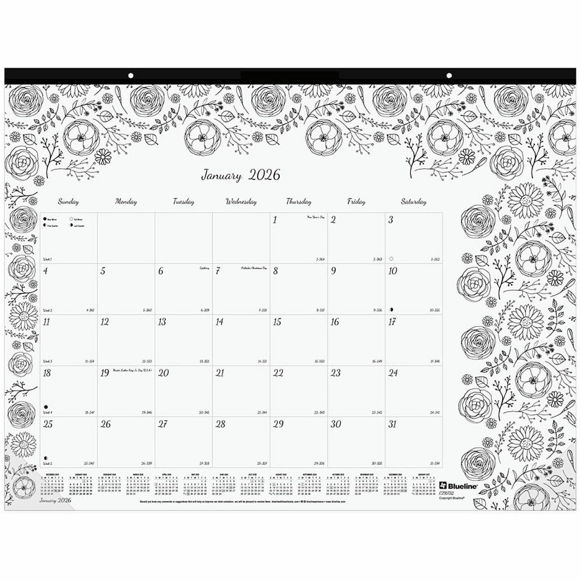 Julian Dates - Monthly - January 2026 to December 2026 - 1 Month Single Page Layout - Desk Pad - White - Chipboard - 17" Height x 22" Width - Tear-off, Compact, Reinforced - 1 Each