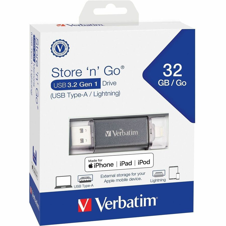 Verbatim Store 'n' Go Dual USB 3.0 Flash Drive, 32 GB, Lightning & USB 3.2 (Gen 1) Type A, Graphite, 1 Each