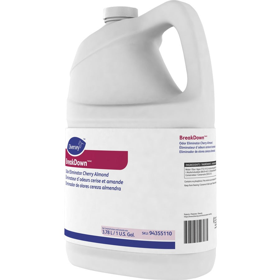 Diversey BreakDown Odor Eliminator, Concentrate, Liquid, 128 fl oz (4 quart), Cherry Almond Scent, Organic, Red Bottle, 1 Each