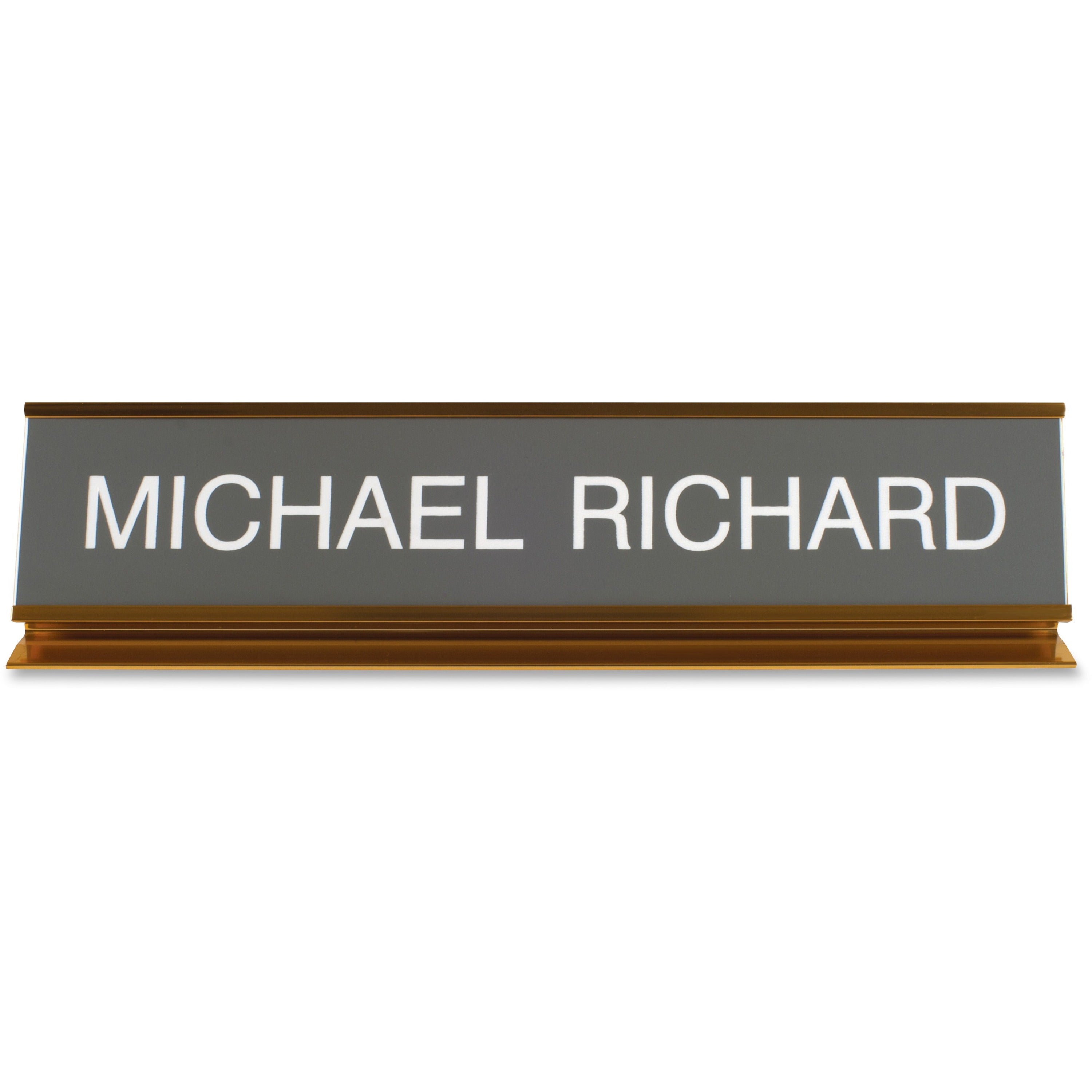 Xstamper Pedestal Aluminum Desk Sign - 10" Holding Width x 2" Holding Height - Rectangular Shape - Long Lasting, Durable - Aluminum, Plastic - Gold - 1 Each