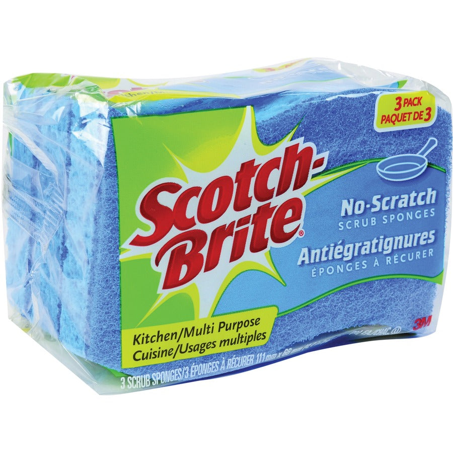 Scotch-Brite No Scratch Scrub Sponges - 2.8" Height x 4.5" Width x 4.5" Length x 590 mil Thickness - 3/Pack - 8 / Carton - Blue
