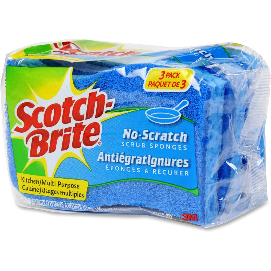 Scotch-Brite No Scratch Scrub Sponges - 2.8" Height x 4.5" Width x 4.5" Length x 590 mil Thickness - 3/Pack - 8 / Carton - Blue