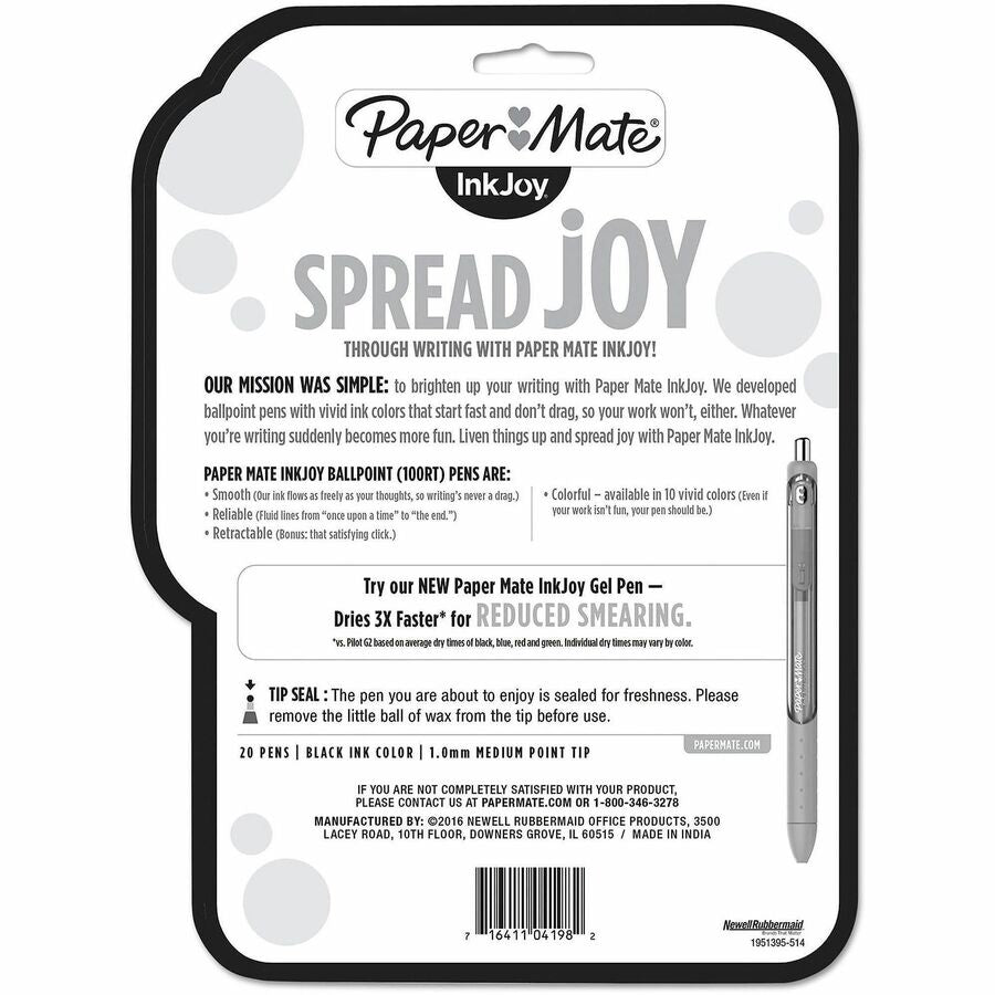 Paper Mate InkJoy 100 RT Pens - 1 mm Medium Pen Point - Retractable - Black Ink - Translucent Barrel - 20 / Pack