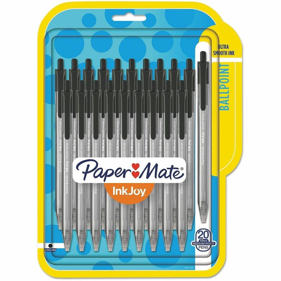 Paper Mate InkJoy 100 RT Pens - 1 mm Medium Pen Point - Retractable - Black Ink - Translucent Barrel - 20 / Pack