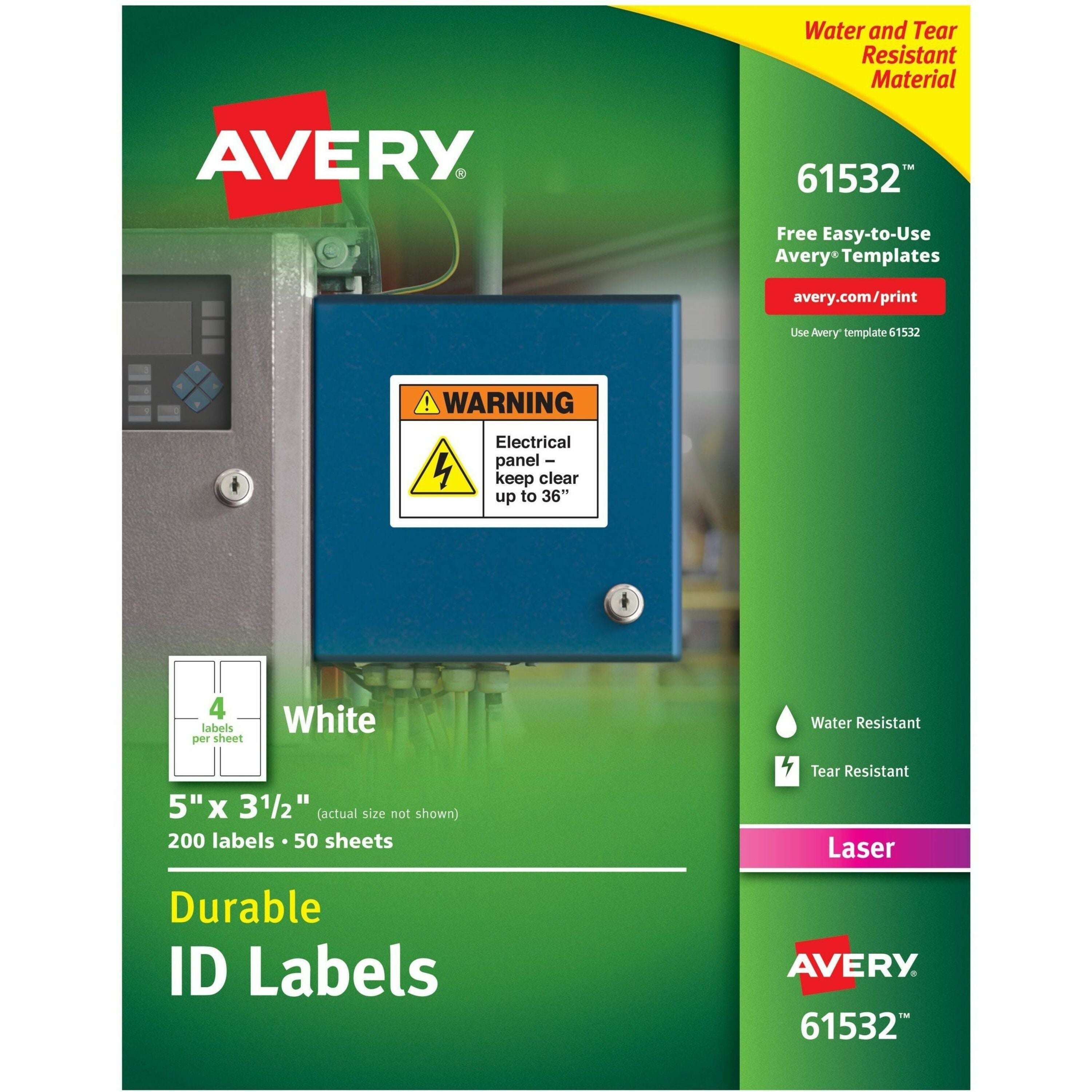 Avery TrueBlock ID Labels, 5" x 3-1/2", Matte White, Rectangle, Permanent Adhesive, Laser Compatible, Water and Weather Resistant, 4 Labels/Sheet, 4 Sheets, 200 Labels/Box