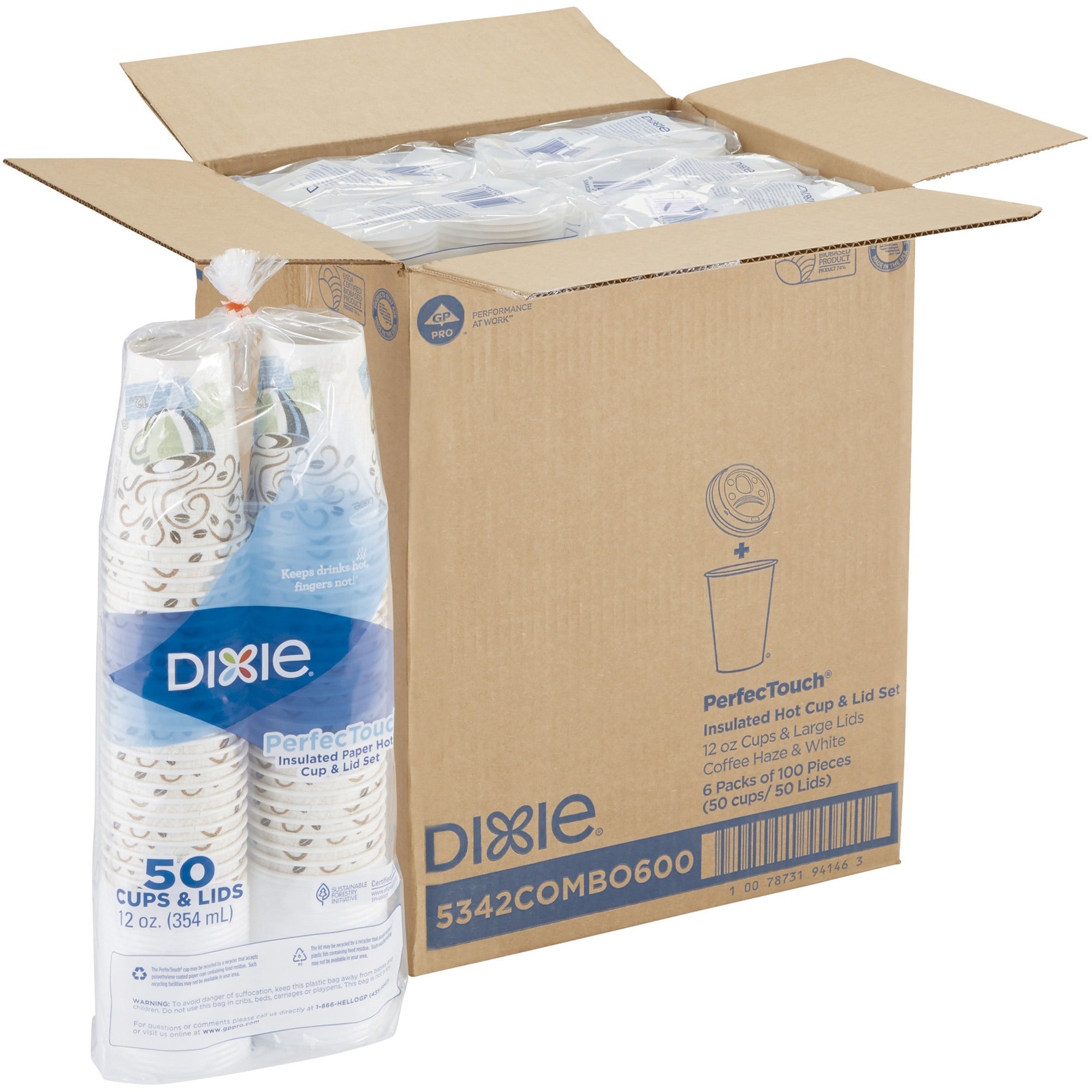 Dixie PerfecTouch 12 oz Hot Coffee Cup and Lid Sets by GP Pro - 12 fl oz - White - Paper - Hot Drink, Coffee, Beverage - 50/Pack - 6 / Carton
