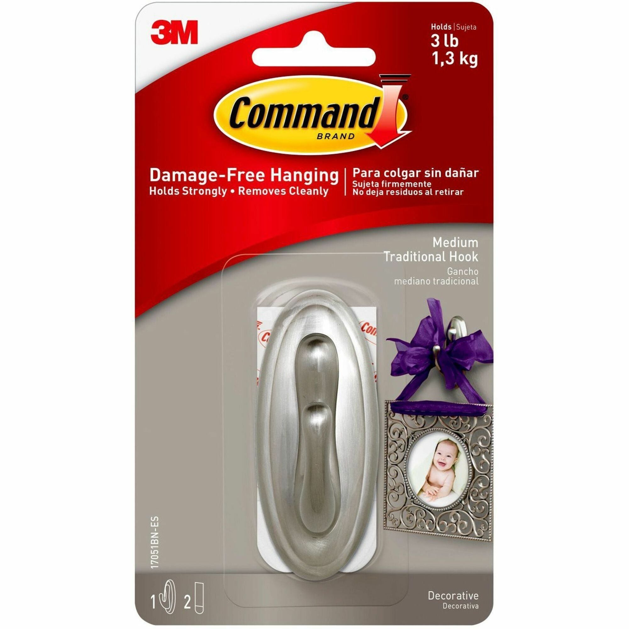 3 lb (1.36 kg) Capacity - 1.3" Width x 3.1" Length - for Decoration - Plastic - Metallic Silver - Brushed Nickel - 1 Pack