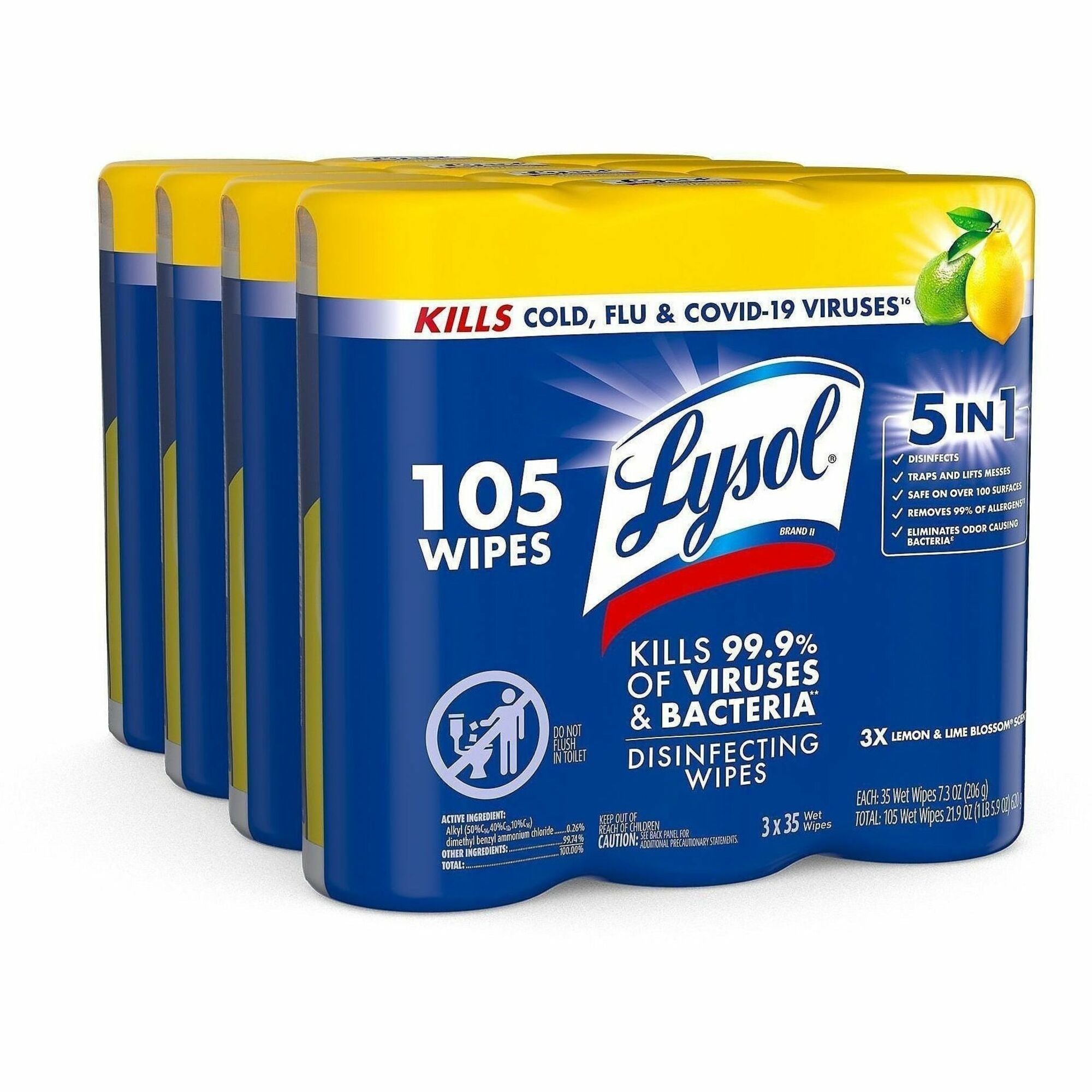 Lysol Disinfecting Wipes - For Multi Surface - Wipe - Lemon Scent - Recommended For: Bacteria Remover, Virus Remover, Allergen Remover, Pet Dander Remover, Dust Mite Remover, Pollen Remover - Disinfectant, Antibacterial - White - 35/Tub - 4 / Carton