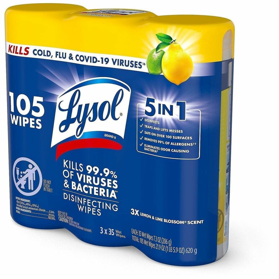 Lysol Disinfecting Wipes - For Multi Surface - Wipe - Lemon Scent - Recommended For: Bacteria Remover, Virus Remover, Allergen Remover, Pet Dander Remover, Dust Mite Remover, Pollen Remover - Disinfectant, Antibacterial - White - 35/Tub - 4 / Carton