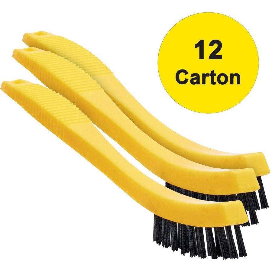Rubbermaid Commercial Tile/Grout Brush - 0.80" Plastic Bristle - 8.5" Overall Length - Black, Yellow - 12 / Carton