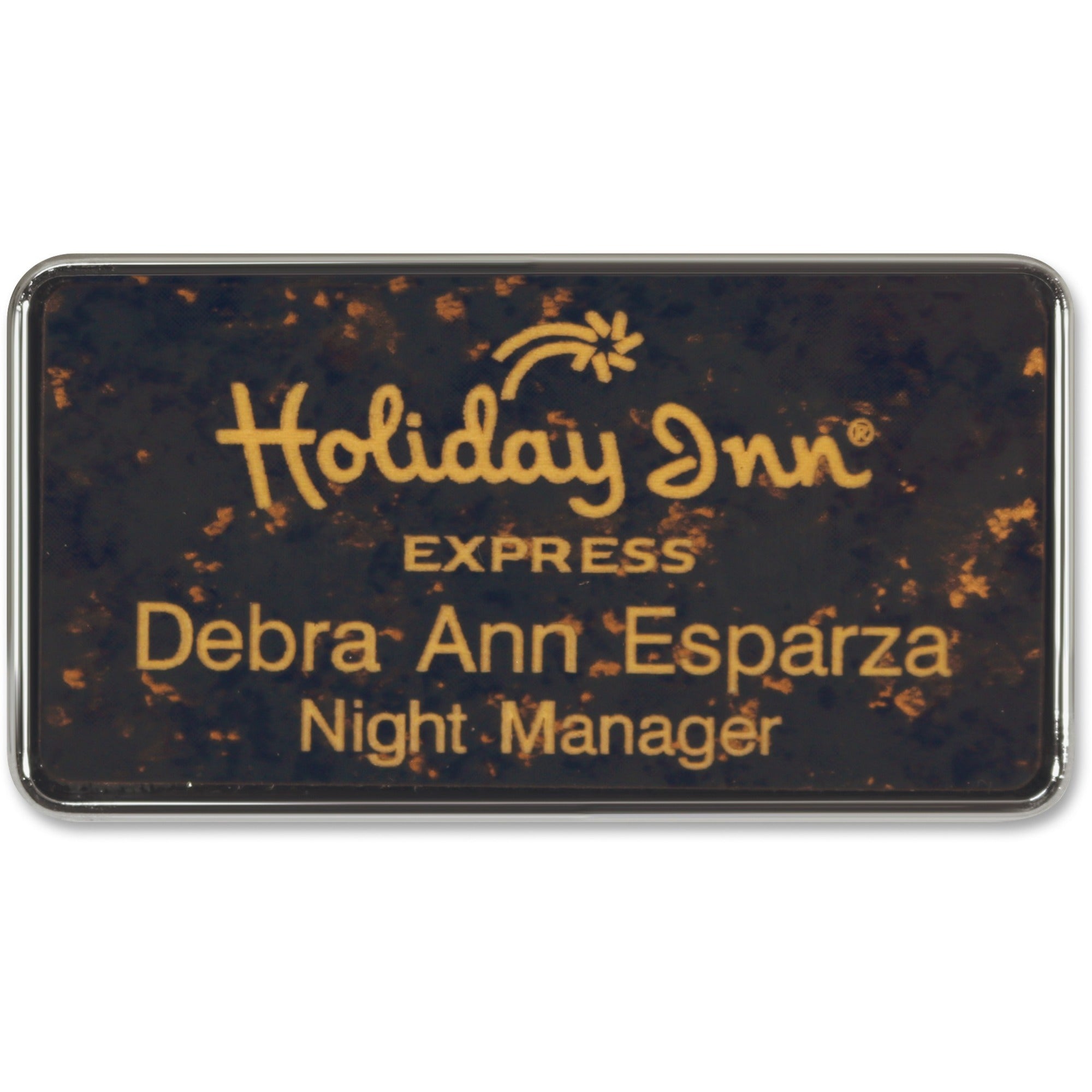 Xstamper Framed Name Badge With Logo, Rectangular, Silver Frame, 1.5" x 3", Durable Plastic, 1 Each
