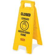 Rubbermaid Commercial Closed Multi-Lingual Floor Sign, Double Sided, Foldable, Lockable, Durable Plastic, Yellow, 11" x 25" x 12", 6 per Carton