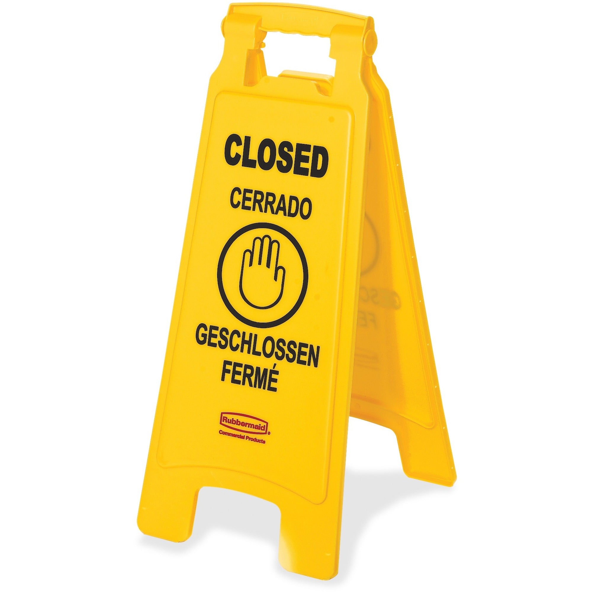 Rubbermaid Commercial Closed Multi-Lingual Floor Sign, Double Sided, Foldable, Lockable, Durable Plastic, Yellow, 11" x 25" x 12", 6 per Carton