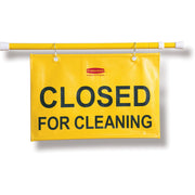 Rubbermaid Commercial Closed For Cleaning Safety Sign, Yellow, Rectangular, Hanging, 50" x 13" x 1", English, Durable with Grommet, 6 per Carton