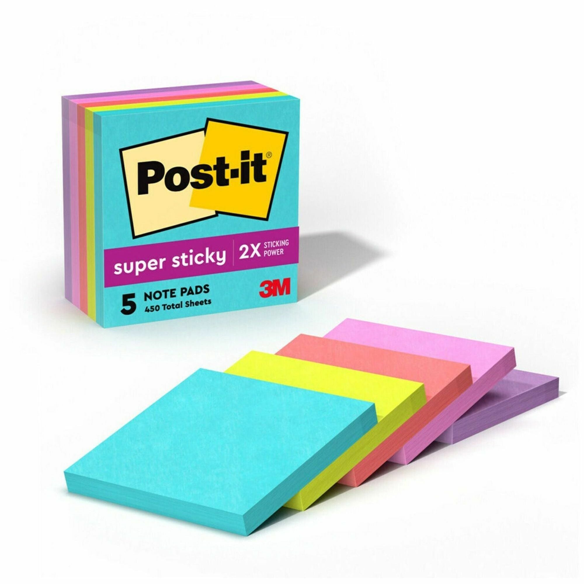 Post-it Super Sticky Notes, Supernova Neons Color Collection, 3" x 3", Square, 90 Sheets per Pad, Aqua Splash/Acid Lime/Guava/Tropical Pink/Iris Infusion, 1 Pack