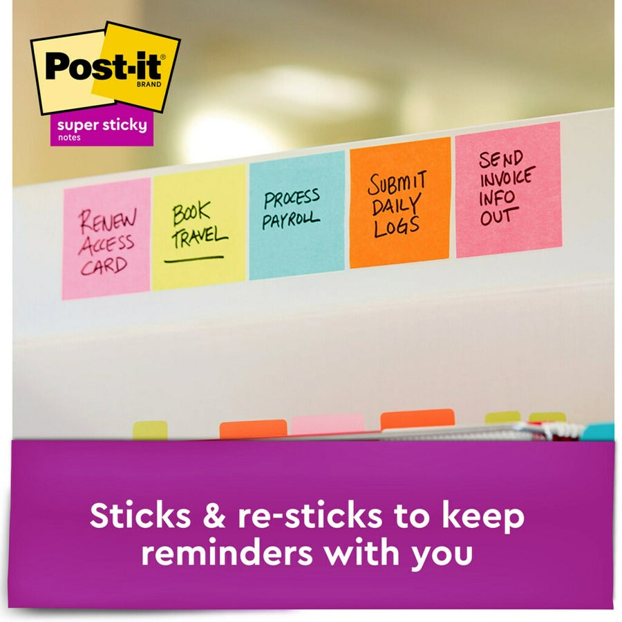 Post-it Super Sticky Notes, Supernova Neons Color Collection, 3" x 3", Square, 90 Sheets per Pad, Aqua Splash/Acid Lime/Guava/Tropical Pink/Iris Infusion, 1 Pack