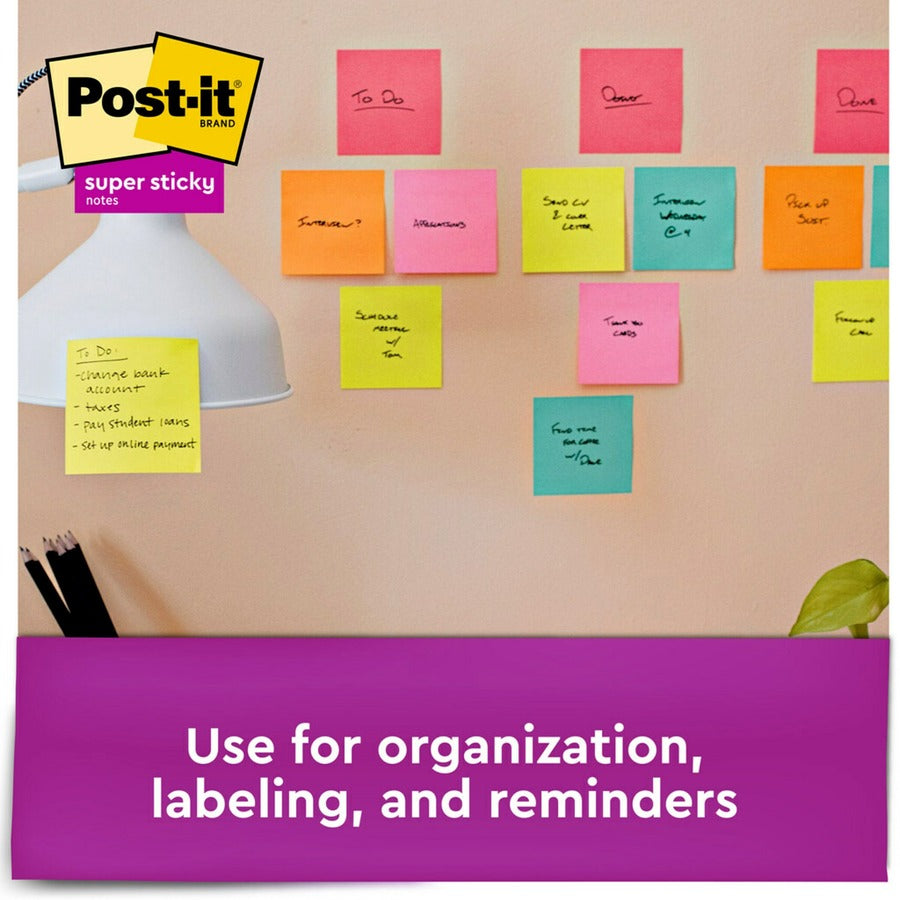 Post-it Super Sticky Notes, Supernova Neons Color Collection, 3" x 3", Square, 90 Sheets per Pad, Aqua Splash/Acid Lime/Guava/Tropical Pink/Iris Infusion, 1 Pack