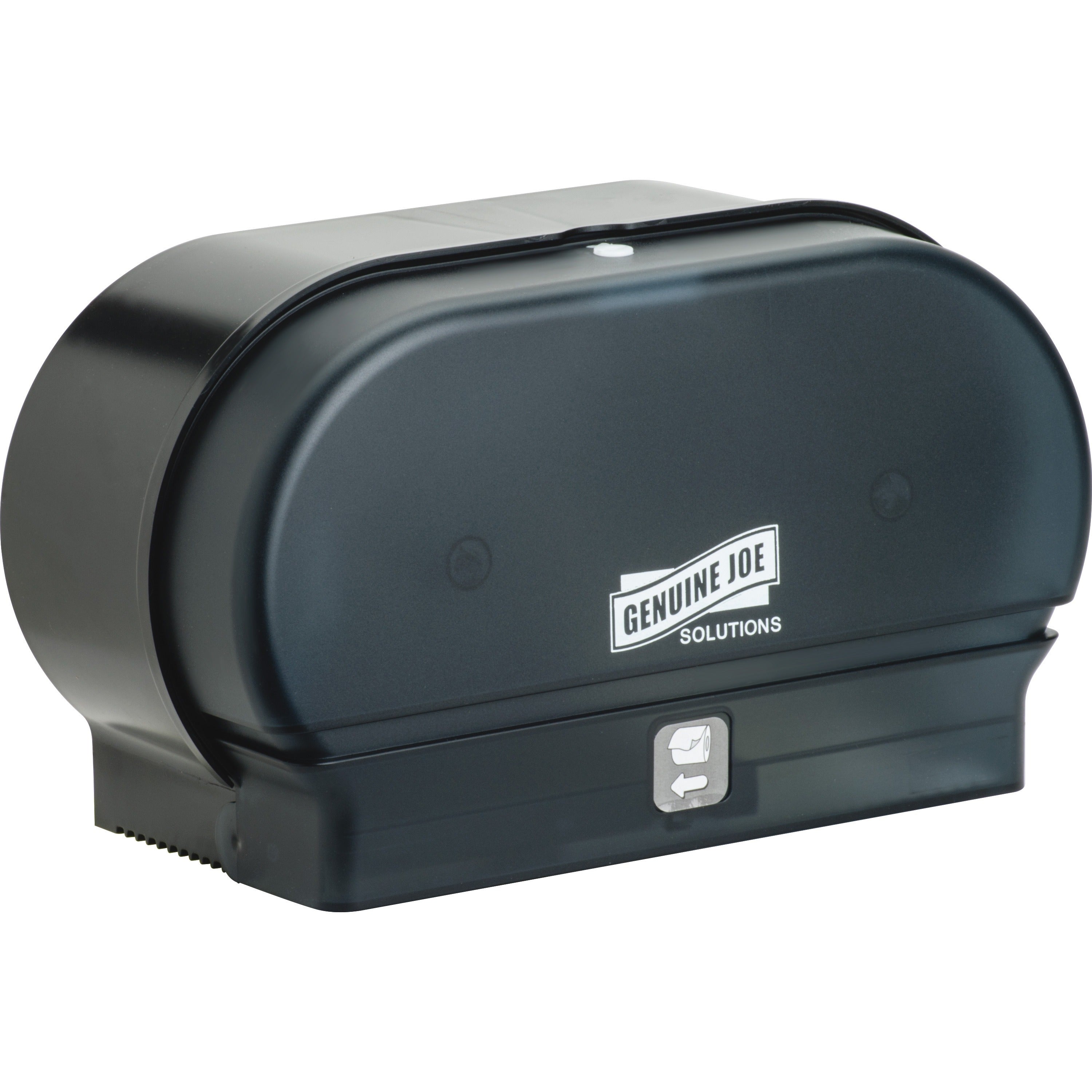 Genuine Joe Solutions Standard Bath Tissue Roll Dispenser, Manual, Holds 2 Rolls (2,000 Sheets), Sliding Door, Black, 7.3" H x 11.9" W x 5.5" D, 1 Each