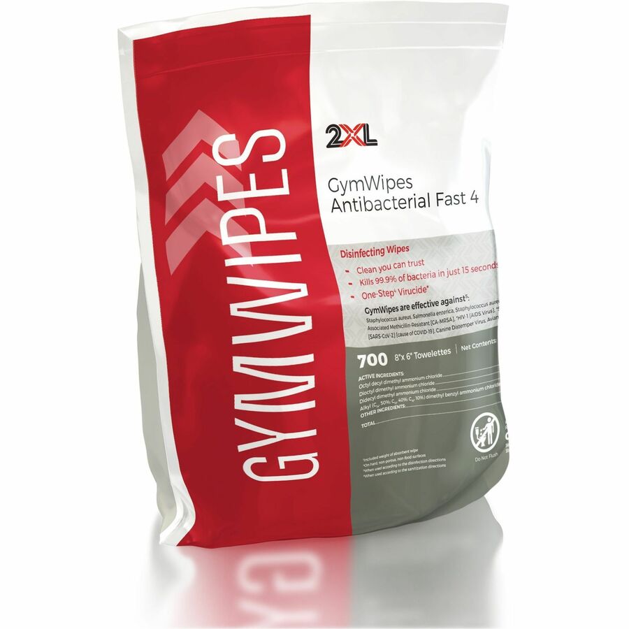2XL GymWipes Antibacterial Towelettes Bucket Refill, 6" x 8", White, 700 Wipes per Bag, 1 Each
