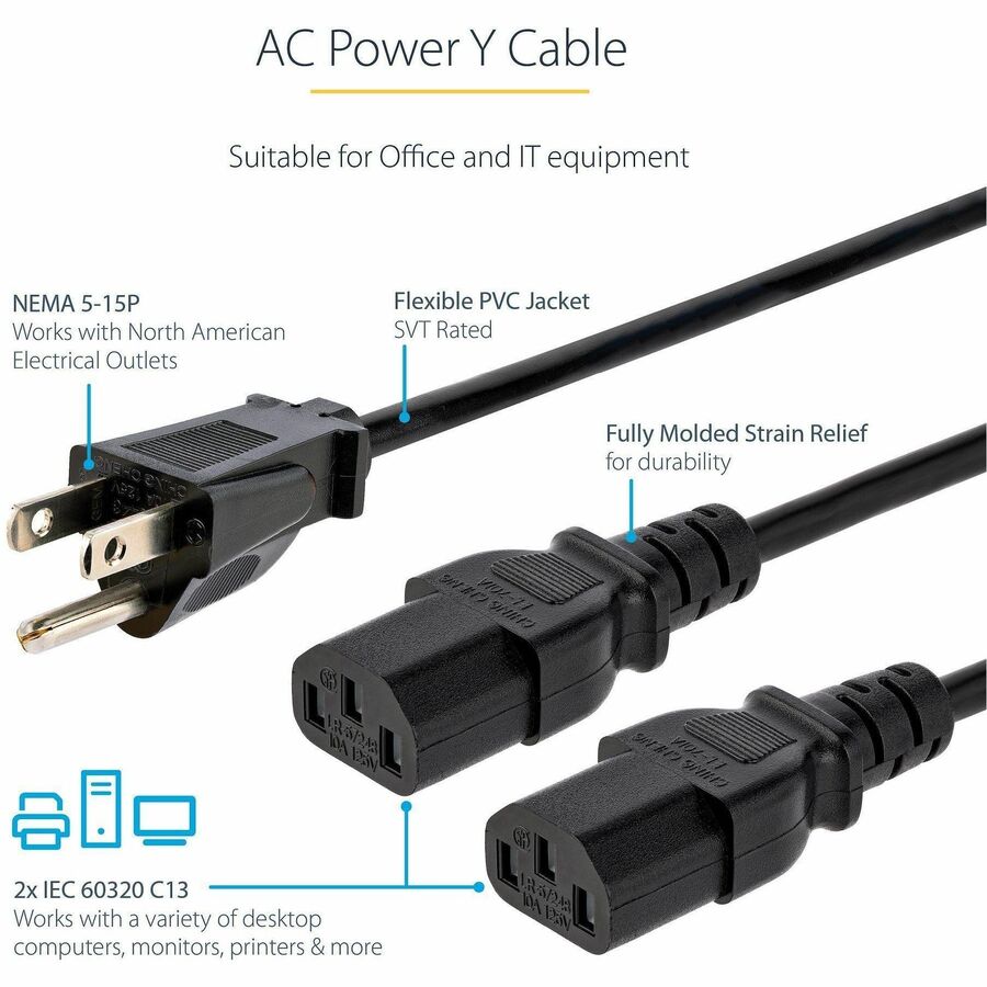 StarTech.com Computer Power Cord - NEMA 5-15P to 2x C13 - 10 ft.