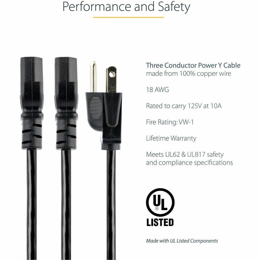 StarTech.com Computer Power Cord - NEMA 5-15P to 2x C13 - 10 ft.