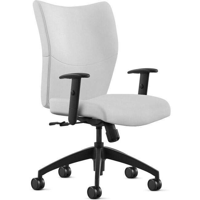 9 to 5 Seating Bristol Mid Back Chair, White Leather Seat and Back, Black Arms, 5-Star Base, Adjustable Height, Tilt Mechanism, 1 Each