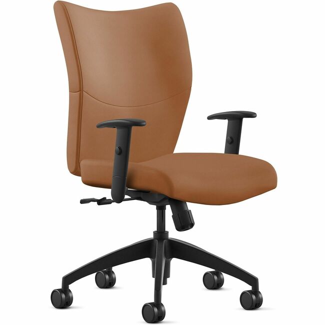 9 to 5 Seating Bristol Mid Back Chair, Camel Leather Seat and Back, Black Arms, 5-Star Base, 1 Each