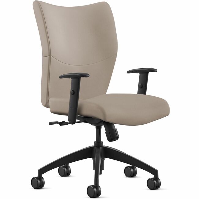 9 to 5 Seating Bristol Mid Back Chair, Leather, Mushroom Color, 5-Star Base, Adjustable Arms, 1 Each