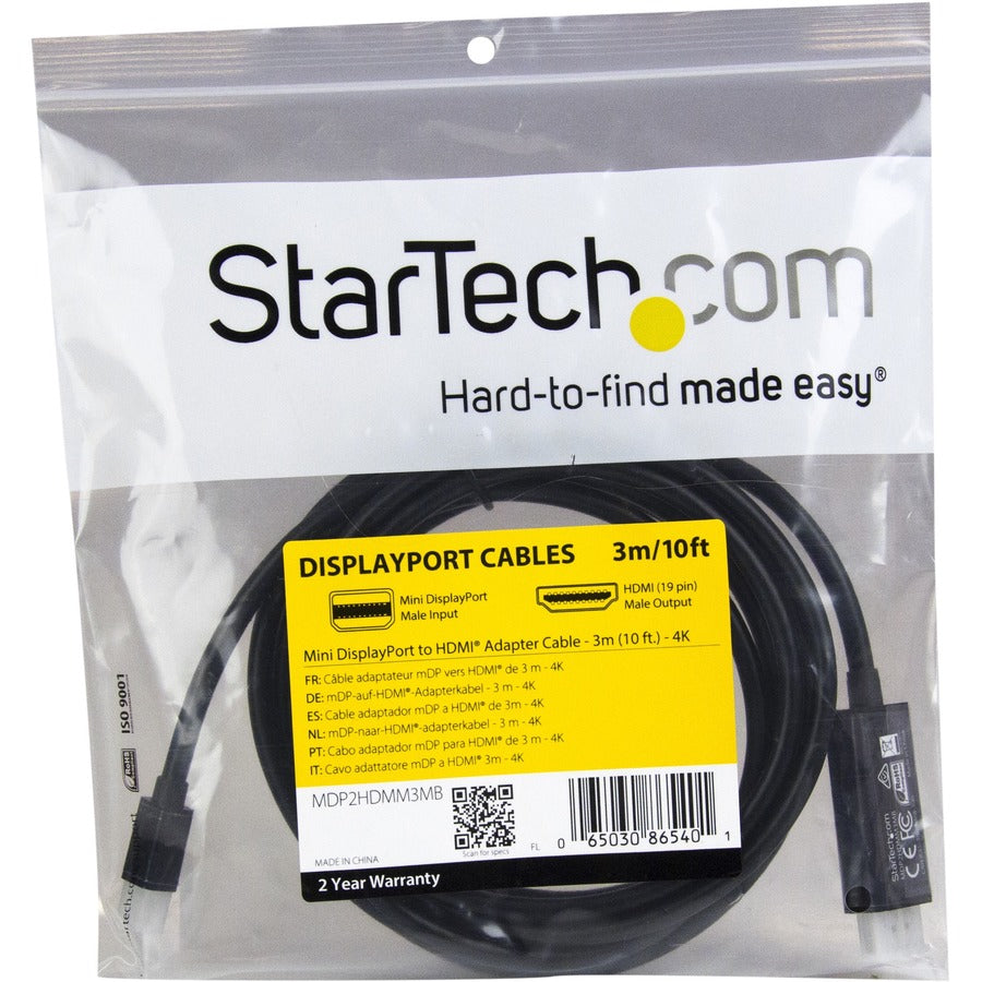 StarTech.com Mini DisplayPort to HDMI Adapter Cable - 3 m (10 ft.) - 4K 30Hz