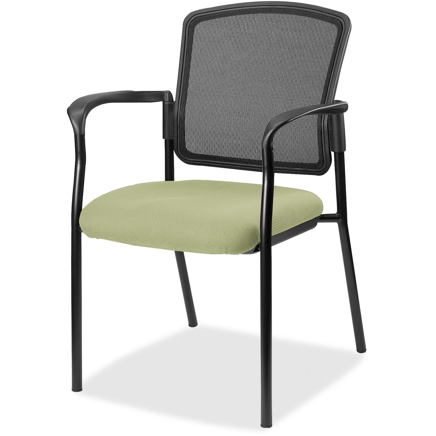 Lorell Mesh Back Stackable Guest Chair, Dillon Sage Vinyl Seat, Black Mesh Back, Powder Coated Steel Frame, Four-Legged Base, Armrests, 1 Each