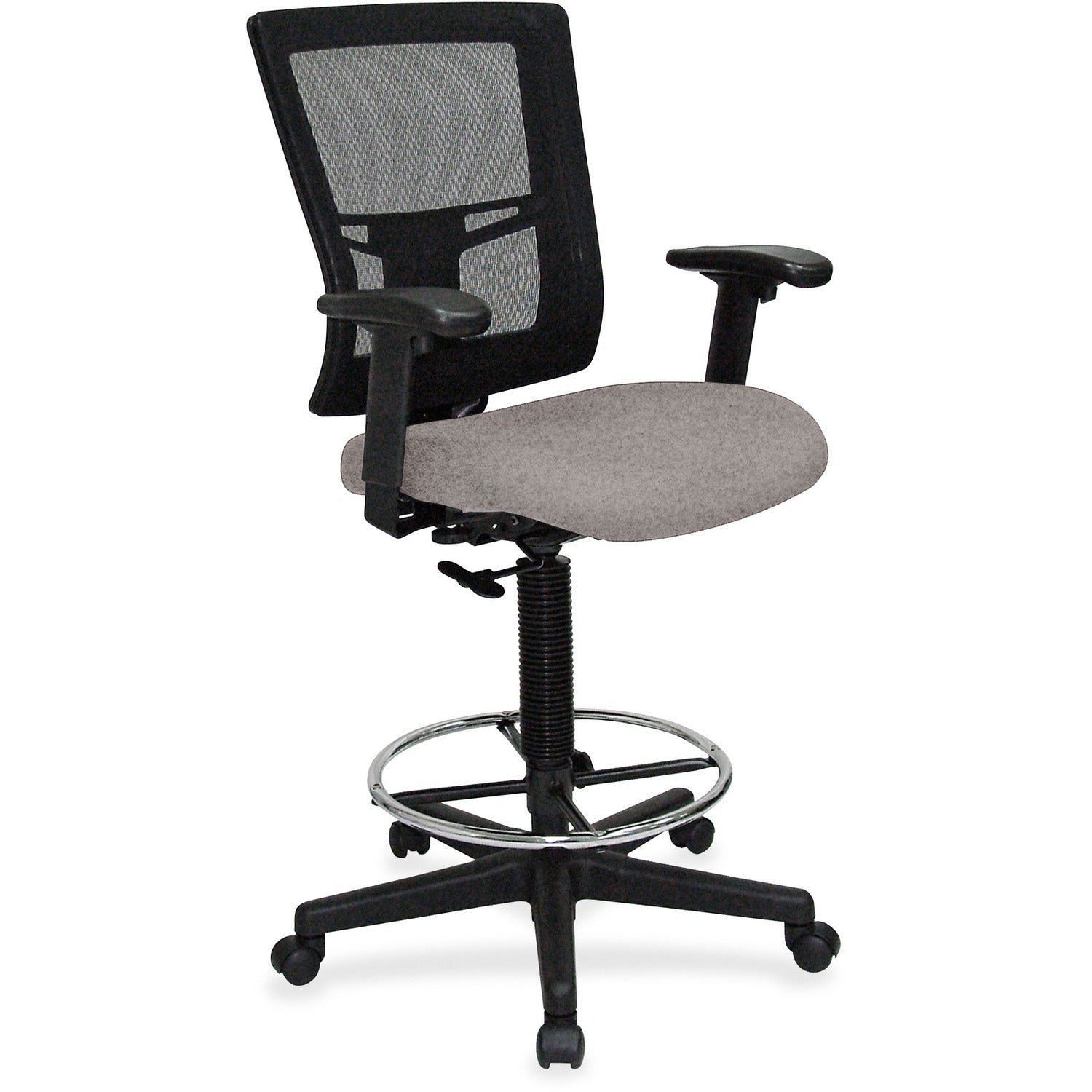 Lorell Mesh Back Drafting Stool, Vinyl Seat, Mesh Mid Back, Adjustable Armrests, 5-Star Base, Black/Metal, 1 Each
