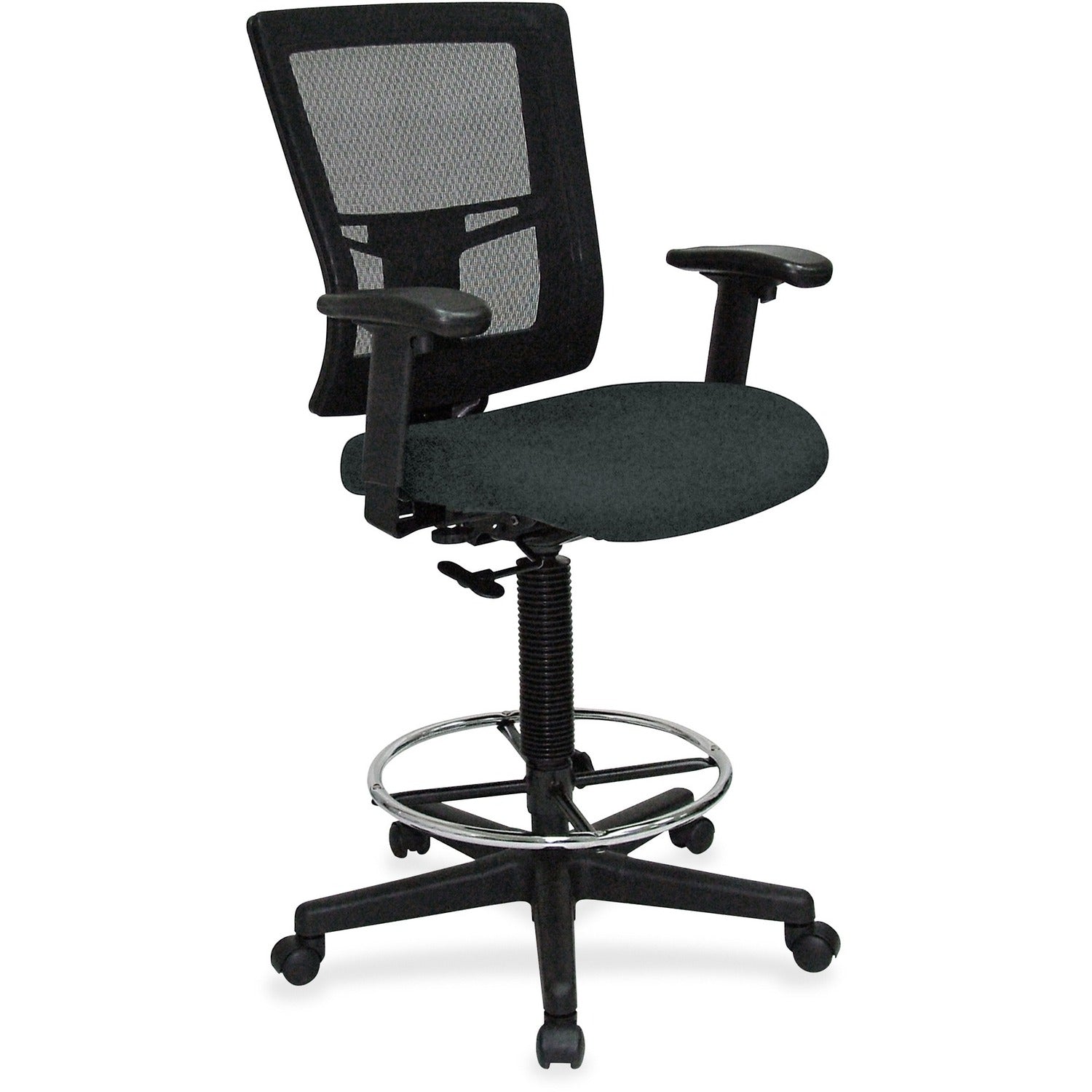 Lorell Mesh Back Drafting Stool, Dillon Black Vinyl Seat, Mesh Mid Back, Black Frame, 5-Star Base, Adjustable Armrests, 1 Each