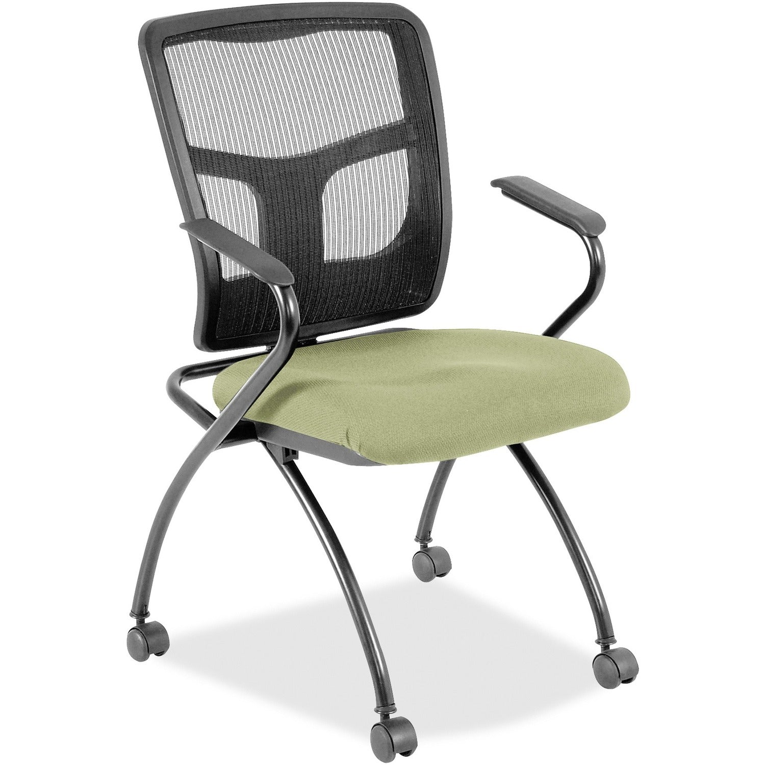 Lorell Mesh Back Nesting Training/Guest Chairs, Dillon Sage Vinyl Seat, Black Mesh Back, Gray Powder Coated Metal Frame, Four-Legged Base, Armrests, 2 Chairs per Carton