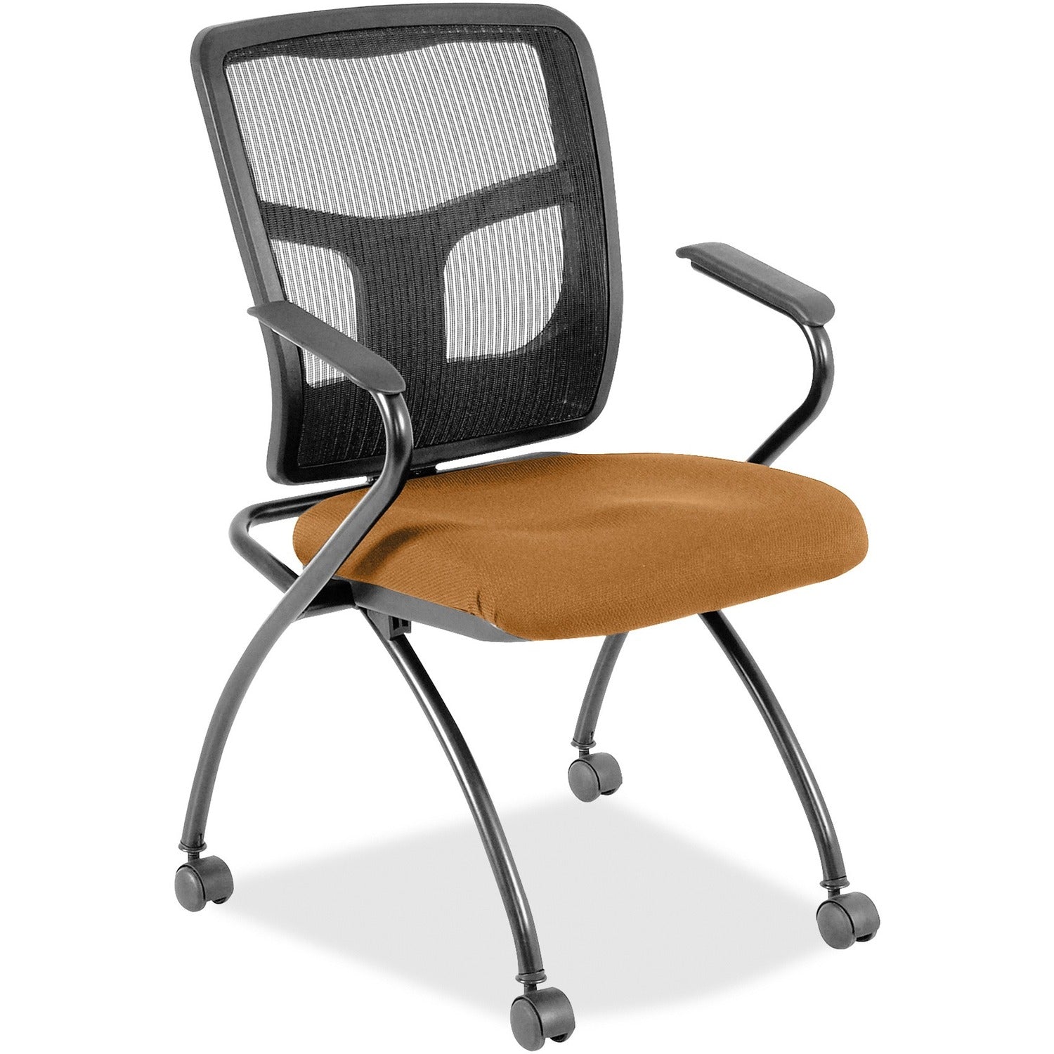 Lorell Mesh Back Nesting Training/Guest Chairs, Dillon Fiesta Vinyl Seat, Black Mesh Back, Gray Powder Coated Metal Frame, Four-Legged Base, Armrests, 2 Chairs per Carton