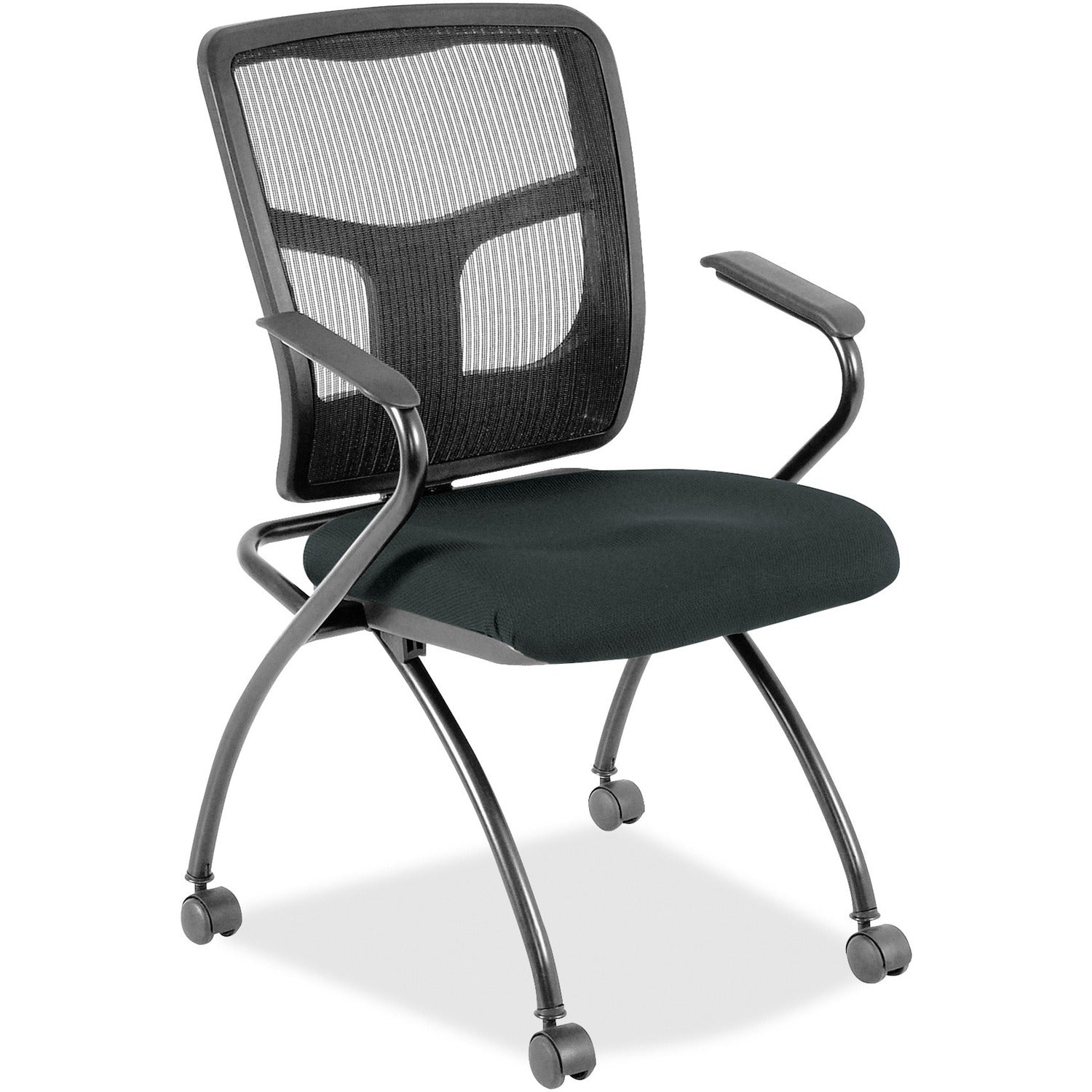 Lorell Mesh Back Nesting Training/Guest Chairs, Dillon Black Vinyl Seat, Black Mesh Back, Gray Powder Coated Metal Frame, Four-Legged Base with Armrests, 2 Chairs per Carton