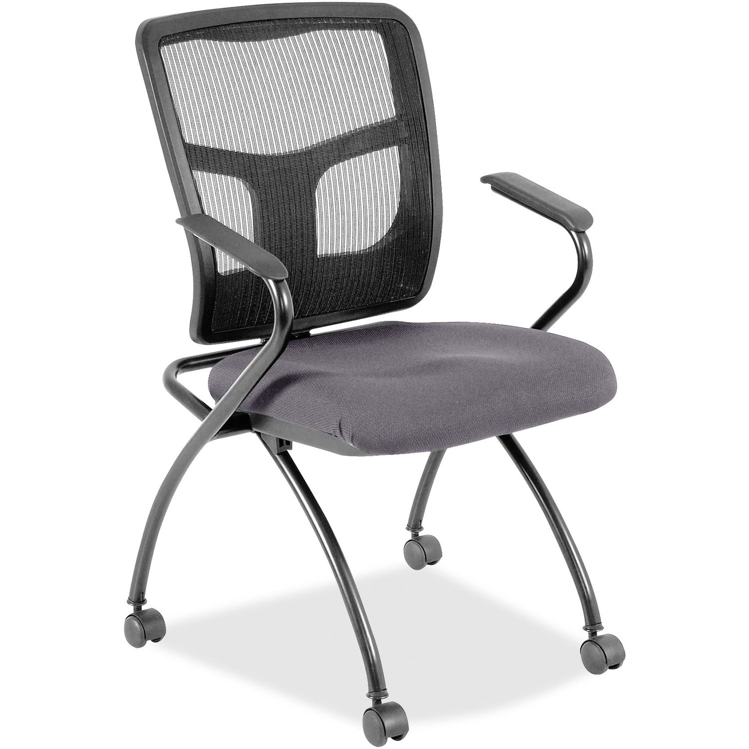 Lorell Mesh Back Nesting Training/Guest Chairs, Canyon Carbon Vinyl Seat, Black Mesh Back, Gray Powder Coated Metal Frame, Four-legged Base with Armrests, 2 Chairs per Carton