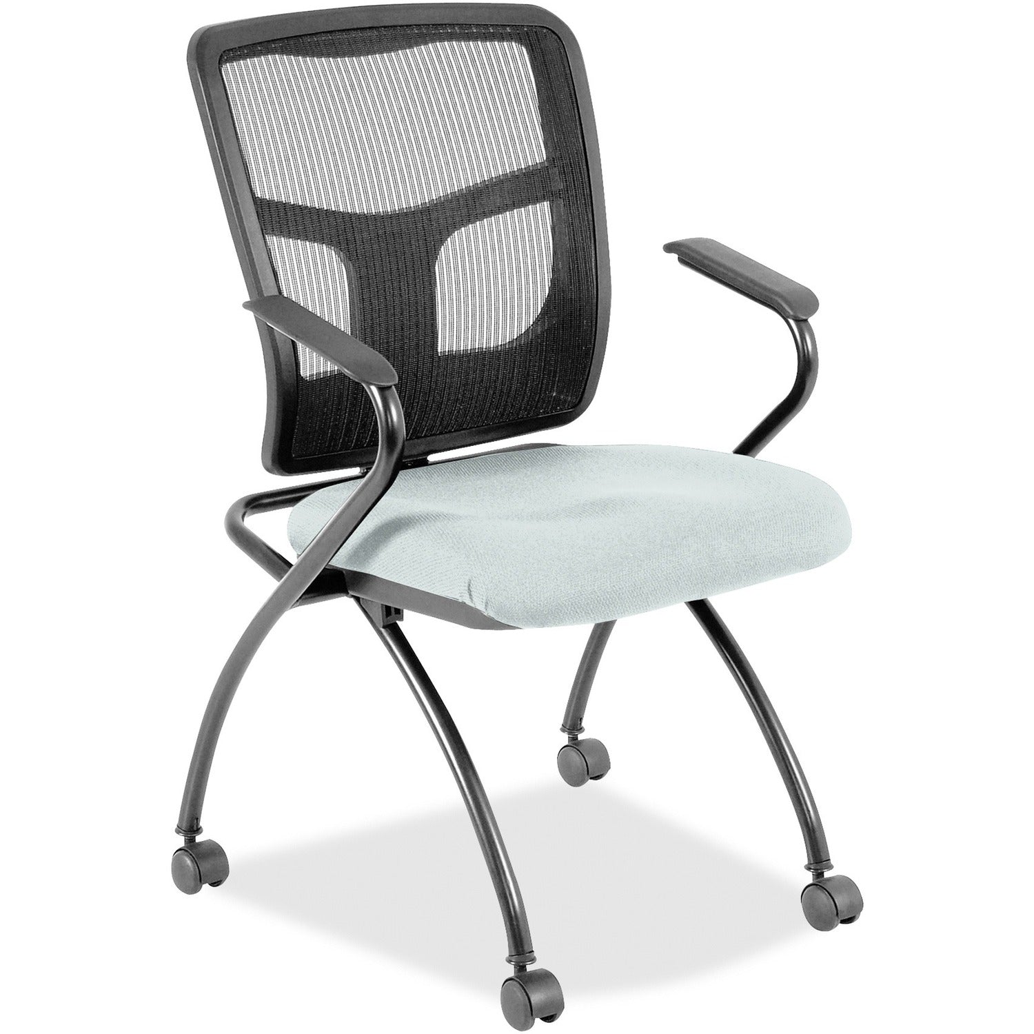 Lorell Mesh Back Nesting Training/Guest Chairs, Vinyl Seat, Black Mesh Back, Gray Powder Coated Metal Frame, Four-Legged Base, Armrests, 2 Chairs per Carton