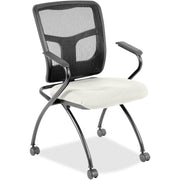 Lorell Mesh Back Nesting Training/Guest Chairs, Dillon Snow Vinyl Seat, Black Mesh Back, Gray Powder Coated Metal Frame, Four-Legged Base with Armrests, 2 Chairs per Carton